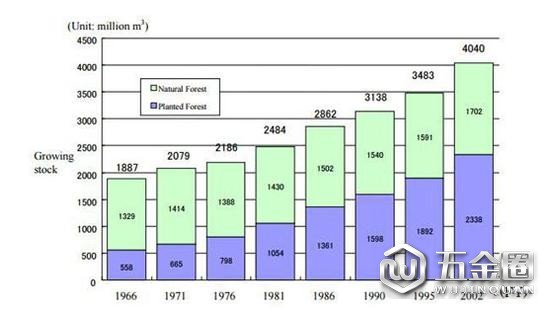 ▲1966-2002年攒盈，日本天然林和人工林占比示意圖