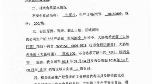 因抽檢不合格 北京尚世超越食品有限責(zé)任公司召回1批次生菜片